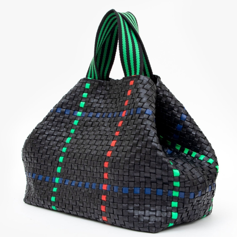 Clare V Black Woven Tote with Green and Blue Accents